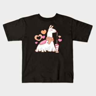 Fancy Pink Llama with Milkshake Kids T-Shirt
